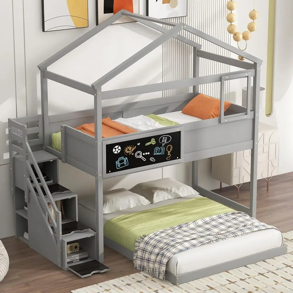 Gray Twin Over Full Bunk Bed with Playhouse, Chalkboard, and Storage Stairs for Kids
Gray Twin Over Full Bunk Bed with Playhouse, Chalkboard, and Storage Stairs for Kids