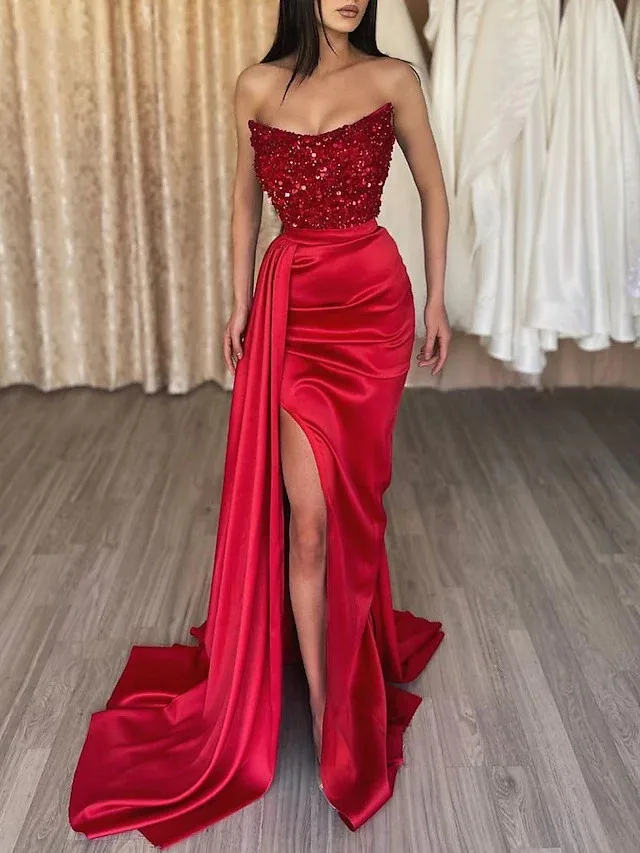Red Sequin Mermaid Sexy High Split Formal Evening Dress Satin Strapless Sleeveless Sweep Train Women Prom Dresses Customized
Red Sequin Mermaid Sexy High Split Formal Evening Dress Satin Strapless Sleeveless Sweep Train Women Prom Dresses Customized