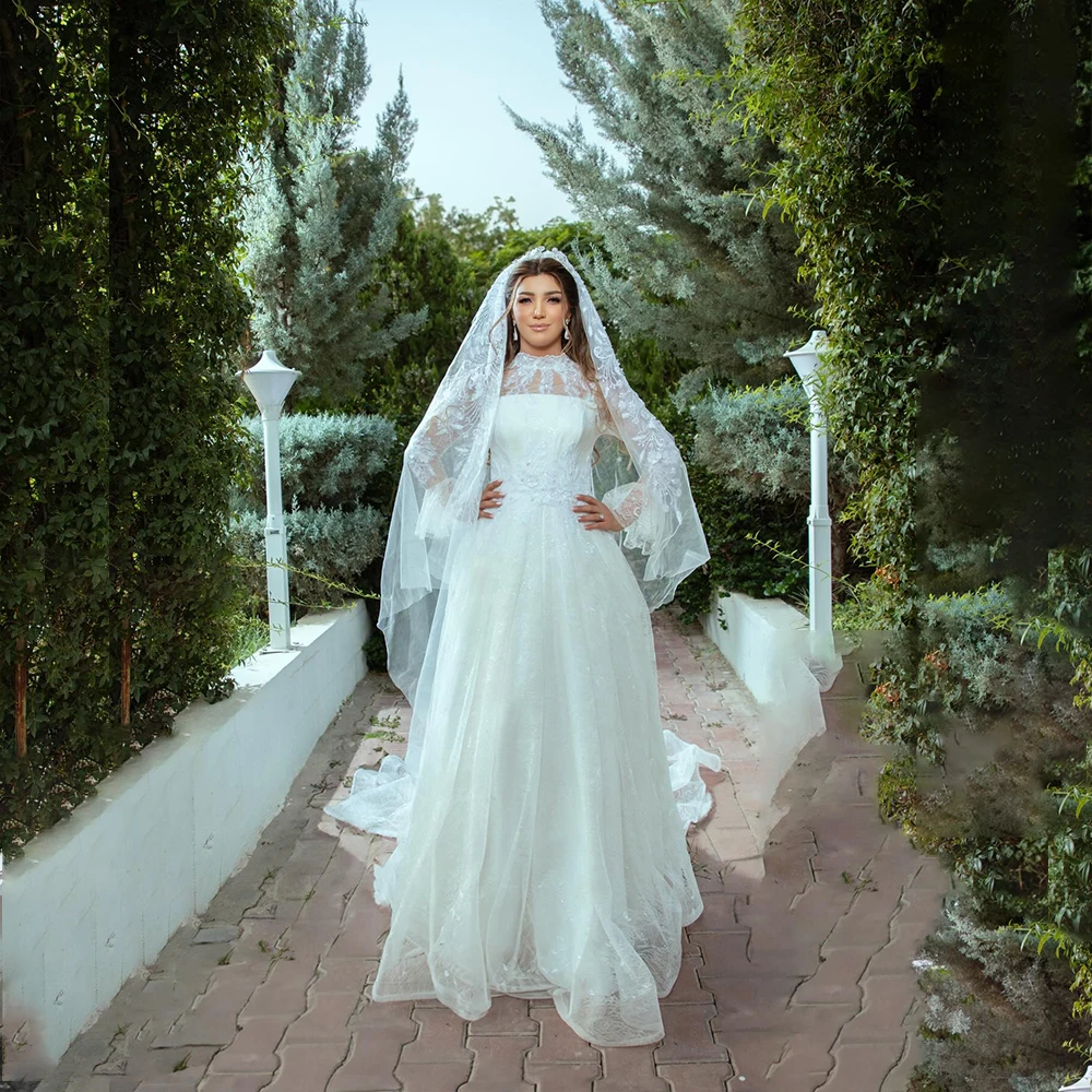 Modest Wedding Dresses High Neck Long Sleeve A-Line for Bride with Beading Appliques Garden Beach White Bridal Gown Customized 
Modest Wedding Dresses High Neck Long Sleeve A-Line for Bride with Beading Appliques Garden Beach White Bridal Gown Customized