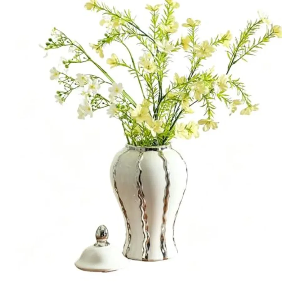 Ginger Jars for Home Decor, Decorative Ceramic Vase Modern Handmade, White and Silvery Vase with lid, Vintage Ginger Vase for C
Ginger Jars for Home Decor, Decorative Ceramic Vase Modern Handmade, White and Silvery Vase with lid, Vintage Ginger Vase for C