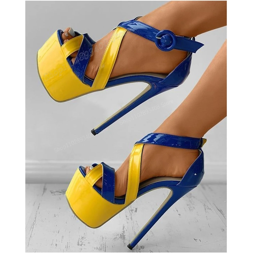 Mixed Color Waterproof Peep Toe Sandals Patent Leather Ankle Buckle Stiletto High Heel Women Shoes 2024 Sexy Zapatos Para Mujere
Mixed Color Waterproof Peep Toe Sandals Patent Leather Ankle Buckle Stiletto High Heel Women Shoes 2024 Sexy Zapatos Para Mujere