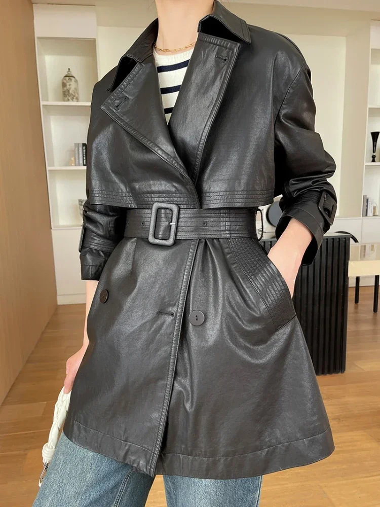 Mid-length Black Genuine Leather Windbreaker Jackets Women Spring Autumn High-end Simple Casual Slim Belted Real Sheepskin Coat
Mid-length Black Genuine Leather Windbreaker Jackets Women Spring Autumn High-end Simple Casual Slim Belted Real Sheepskin Coat