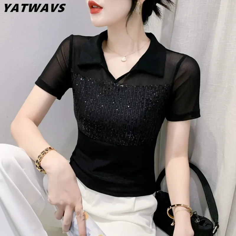 Summer Elegant Turn-Down Collar T-Shirt Women Sexy Patchwork Shiny Sequin Slim Cropped Tops Fashion Short Sleeves Femme Tees
Summer Elegant Turn-Down Collar T-Shirt Women Sexy Patchwork Shiny Sequin Slim Cropped Tops Fashion Short Sleeves Femme Tees