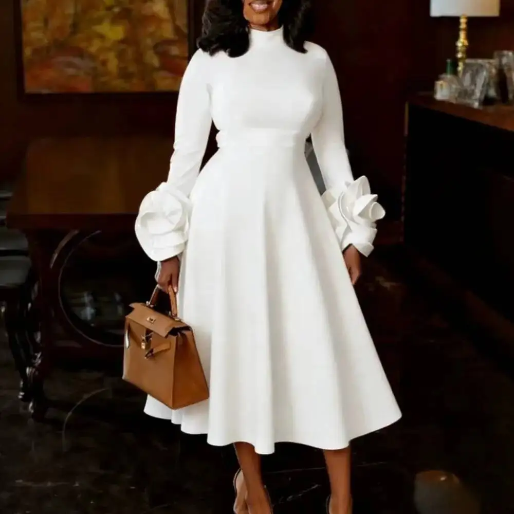 Plus-size Women's White Stand-collar Midi Dress, Slimming With Three-dimensional Floral Bell Sleeves, Waist-cinching, Elegant
Plus-size Women's White Stand-collar Midi Dress, Slimming With Three-dimensional Floral Bell Sleeves, Waist-cinching, Elegant