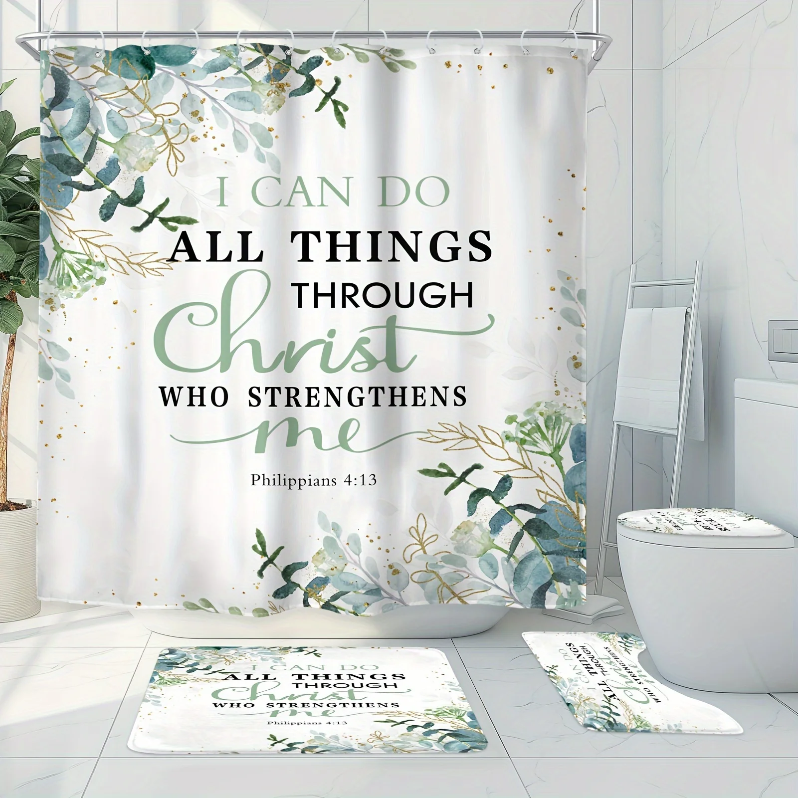 4-piece green Bible scripture shower curtain set with eucalyptus countryside farmhouse style outfit
4-piece green Bible scripture shower curtain set with eucalyptus countryside farmhouse style outfit
