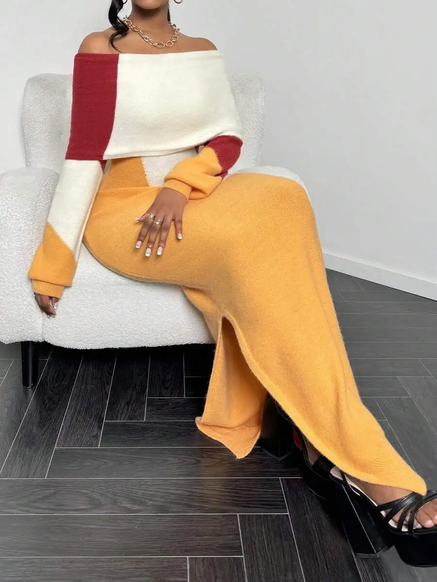 Off-The-Shoulder Knit Maxi Dress In Contrasting Color Blocks, Long Sleeves, High Side Split, Slim Fit For Fall And Winter
Off-The-Shoulder Knit Maxi Dress In Contrasting Color Blocks, Long Sleeves, High Side Split, Slim Fit For Fall And Winter