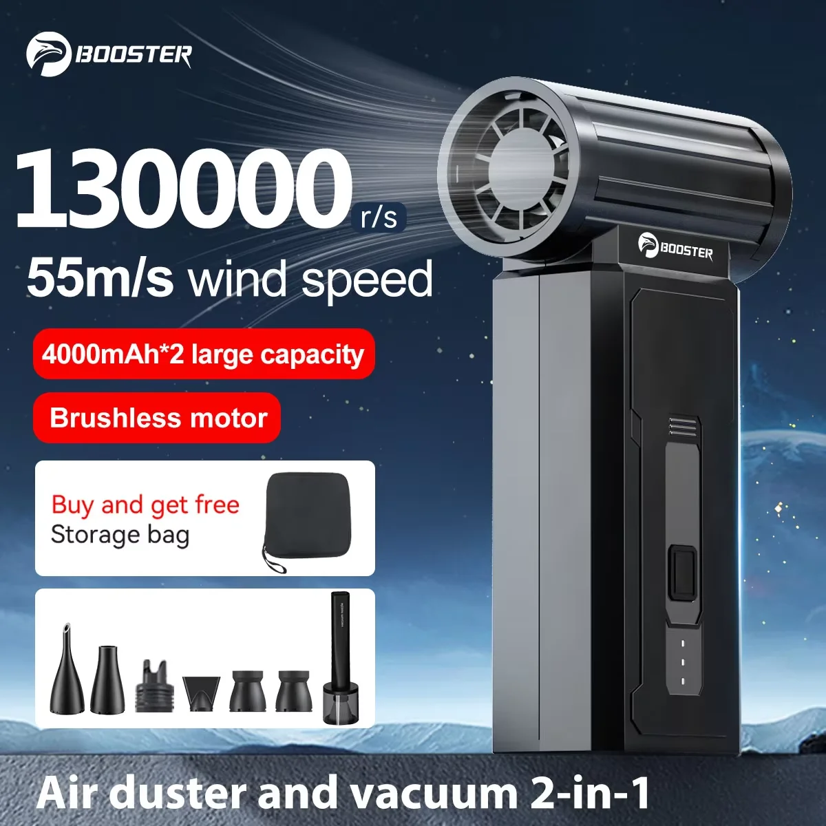 Booster 130000RPM Turbo Fan Brushless Powerful Air Blower Wind Speed 55m/s Air Duster Vacuum Cleaner for Car/Keyboard/PC/Home
Booster 130000RPM Turbo Fan Brushless Powerful Air Blower Wind Speed 55m/s Air Duster Vacuum Cleaner for Car/Keyboard/PC/Home