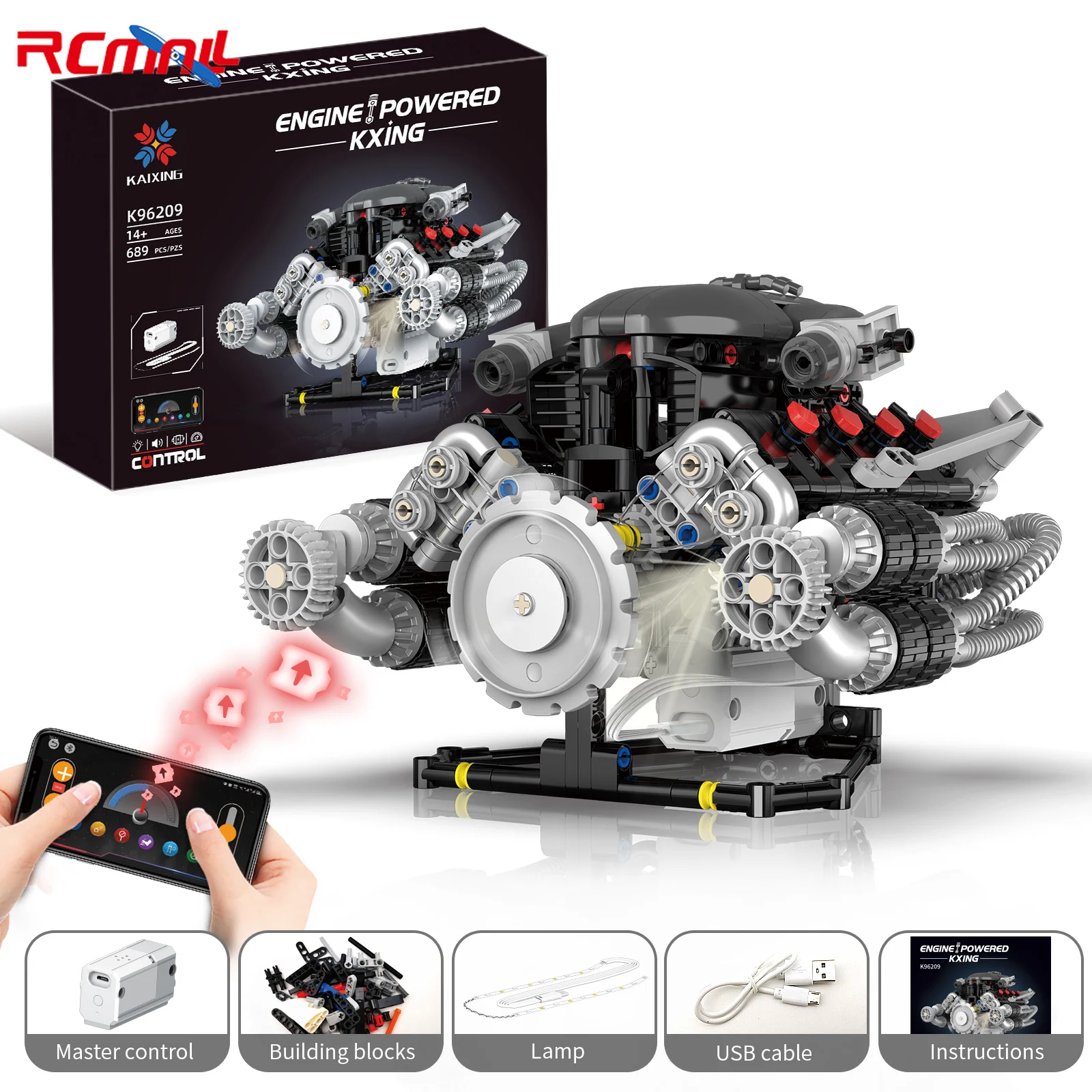 K96209 Supercar V8 Engine Bricks Model APP Programming Motor Drive with LED Light MOC Simulation Engine Kit 689PCS
