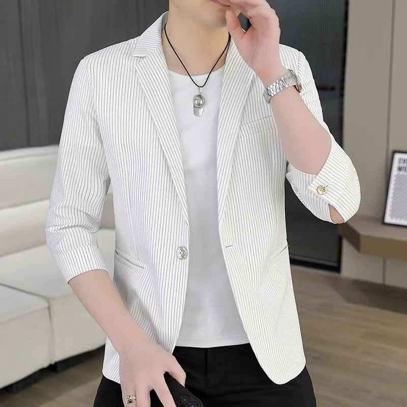 2026Luxury Youth Summer Three-Quarter Sleeve Blazer For Men's Adult Petite Casual Striped Mid-Sleeve Slim Solid Color Jacket Top
2026Luxury Youth Summer Three-Quarter Sleeve Blazer For Men's Adult Petite Casual Striped Mid-Sleeve Slim Solid Color Jacket Top