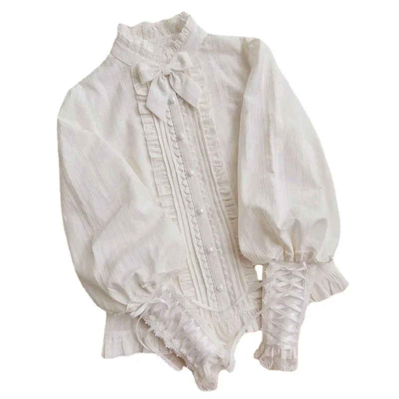 Cotton Lolita Lace Ruffle Jacquard Shirt Women Long Gigot Sleeves Sweet Button Up Tops Blouse With Bow Tie Elegant Woman Shirts
Cotton Lolita Lace Ruffle Jacquard Shirt Women Long Gigot Sleeves Sweet Button Up Tops Blouse With Bow Tie Elegant Woman Shirts