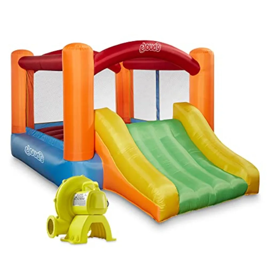 Inflatable bounce house and blower for backyard play, PVC material, blue and red, includes slide, stakes, and repair patches
Inflatable bounce house and blower for backyard play, PVC material, blue and red, includes slide, stakes, and repair patches