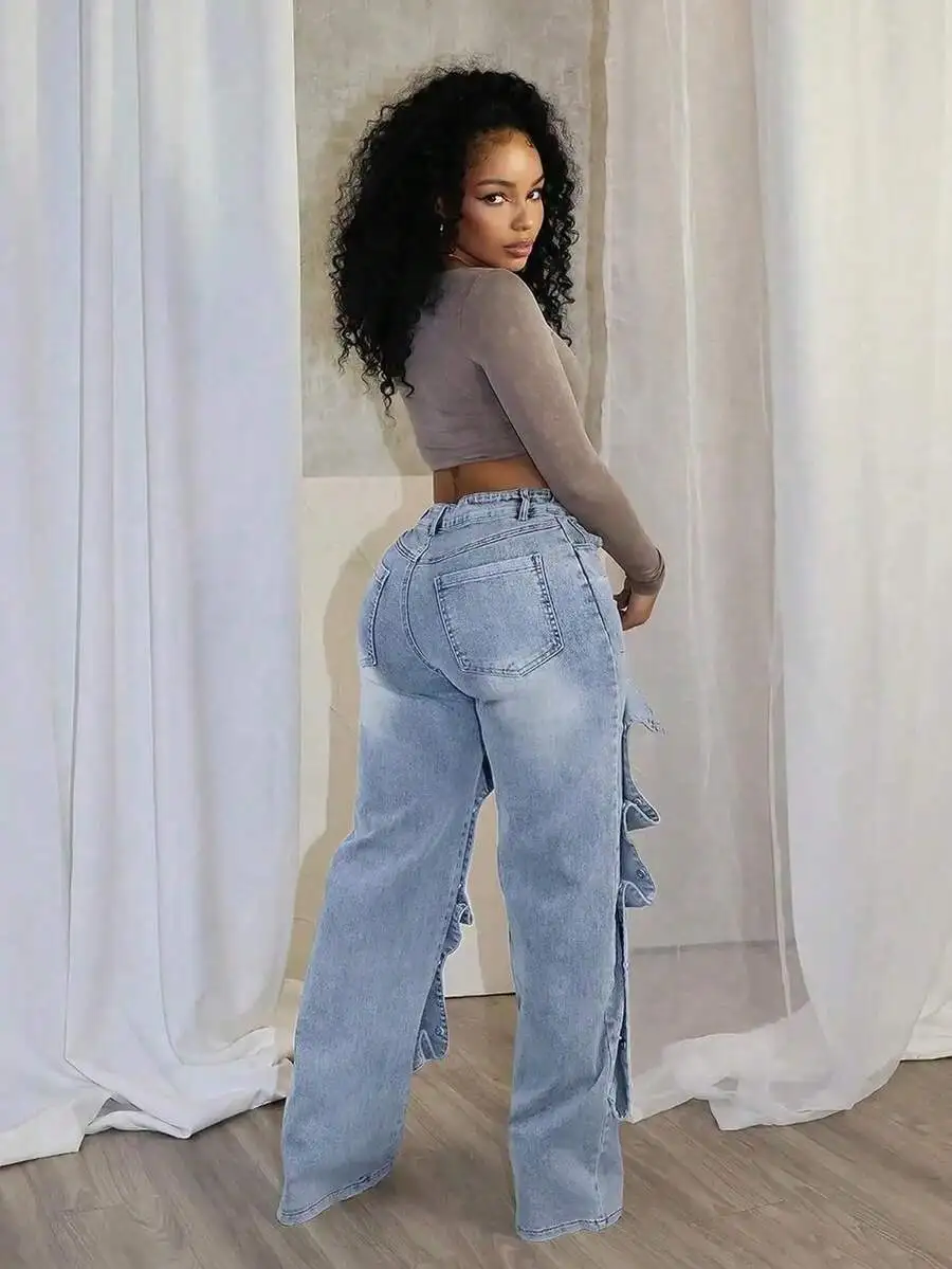 High Waist Ruffle Side Denim Jeans For Women Light Wash Stretch Fabric Streetwear
High Waist Ruffle Side Denim Jeans For Women Light Wash Stretch Fabric Streetwear