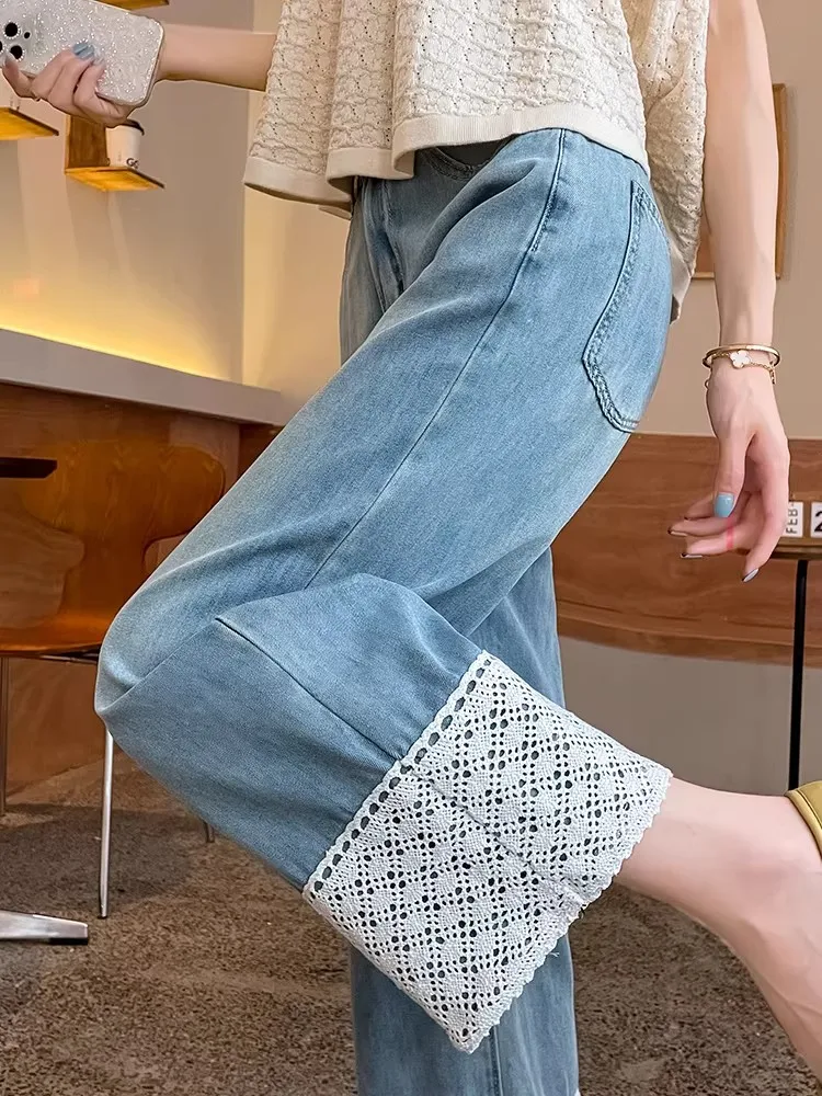 Light Wash Wide Leg Denim Jeans Women's Spring Summer Color Block Lace Design Loose Straight Cut Pants High Waist Zipper Closure
Light Wash Wide Leg Denim Jeans Women's Spring Summer Color Block Lace Design Loose Straight Cut Pants High Waist Zipper Closure