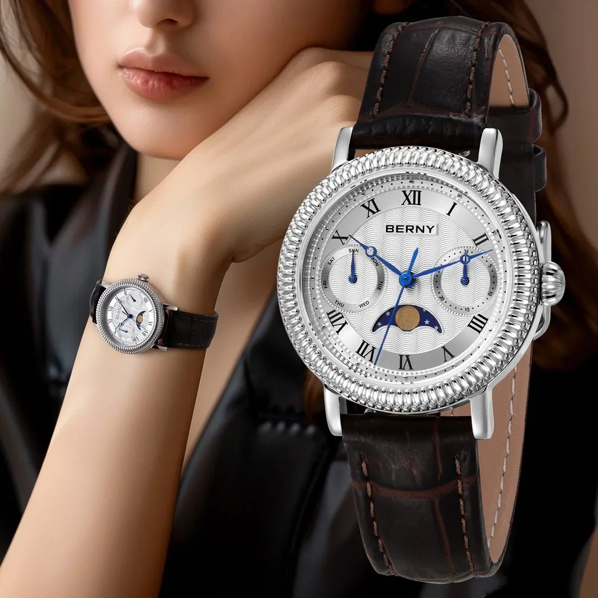 BERNY Women's Watches Luxury Business Dress Watch Moon Phase Elegant Quartz Ladies Wrist Watches Leather Band Stainless Steel
BERNY Women's Watches Luxury Business Dress Watch Moon Phase Elegant Quartz Ladies Wrist Watches Leather Band Stainless Steel