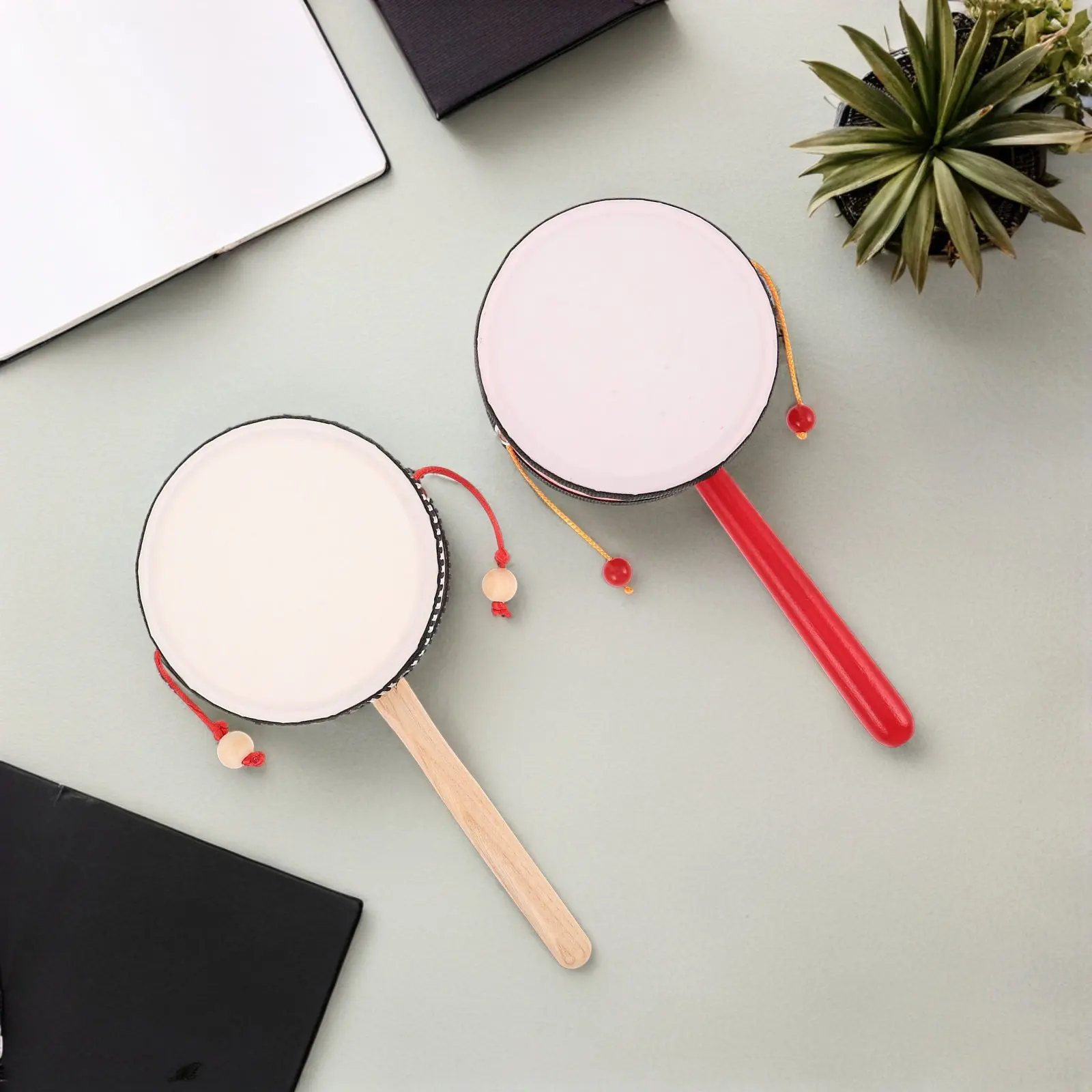 2Pcs Wooden Rattle Drum Kids Handheld Musical Instrument Drum Chinese Traditional Spinning Rattle Early Learning