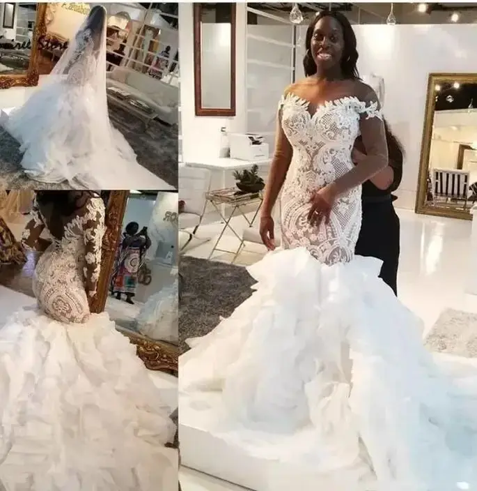 Customized Long Sleeves Wedding Dresses Lace Mermaid Illusion Ruffles Plus Size Wedding Bridal Gown vestido de novia
Customized Long Sleeves Wedding Dresses Lace Mermaid Illusion Ruffles Plus Size Wedding Bridal Gown vestido de novia