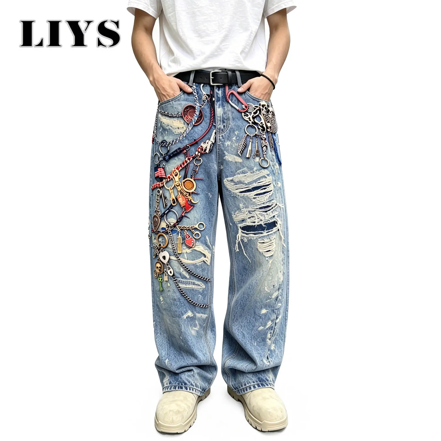 LIYS American Men's Retro Heavy Industry Multi Chain Badge Printed Decorative Jeans Fashion Street Wear Wide Legs British
LIYS American Men's Retro Heavy Industry Multi Chain Badge Printed Decorative Jeans Fashion Street Wear Wide Legs British