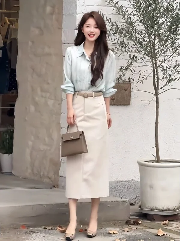 Elegant Korean Style Women's Long Sleeve Shirt And High Waist Skirt Set Spring Summer New Arrival Two Piece Suit
Elegant Korean Style Women's Long Sleeve Shirt And High Waist Skirt Set Spring Summer New Arrival Two Piece Suit