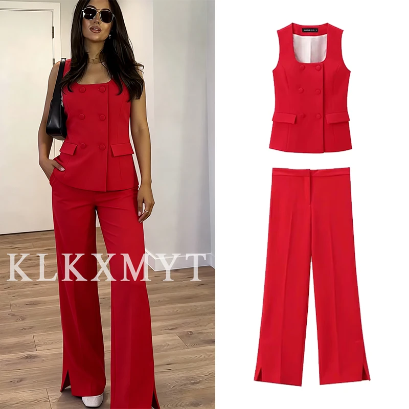 Women 2 Pieces Sets New Fashion Office Vest Top+Split Straight Leg Pants Women's Suit Formal Two Piece Set Women Outfit
Women 2 Pieces Sets New Fashion Office Vest Top+Split Straight Leg Pants Women's Suit Formal Two Piece Set Women Outfit