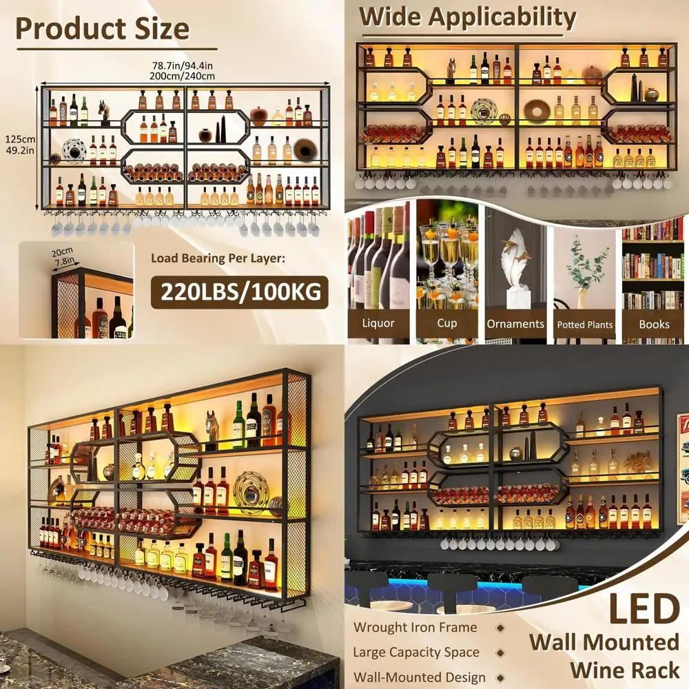 Wine Rack Wall Mounted with LED Light, 3-Tier Bar Wall Shelves, Large acity loating Bar Shelves, Metal Liquor Bottle Display She
Wine Rack Wall Mounted with LED Light, 3-Tier Bar Wall Shelves, Large acity loating Bar Shelves, Metal Liquor Bottle Display She