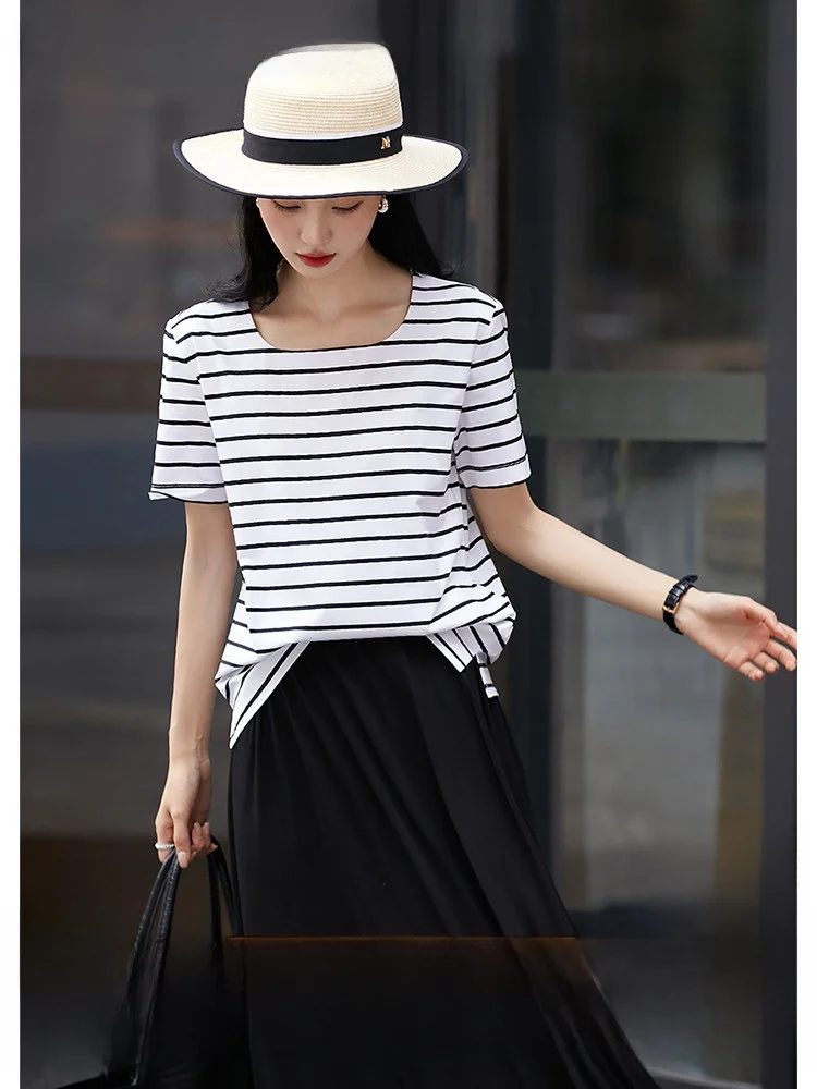 XiaoHanGe Women's Comfortable Slim Fit Striped Short Sleeve T-Shirt Silk Blend Cotton Polyester Spring Summer Office Wear
XiaoHanGe Women's Comfortable Slim Fit Striped Short Sleeve T-Shirt Silk Blend Cotton Polyester Spring Summer Office Wear