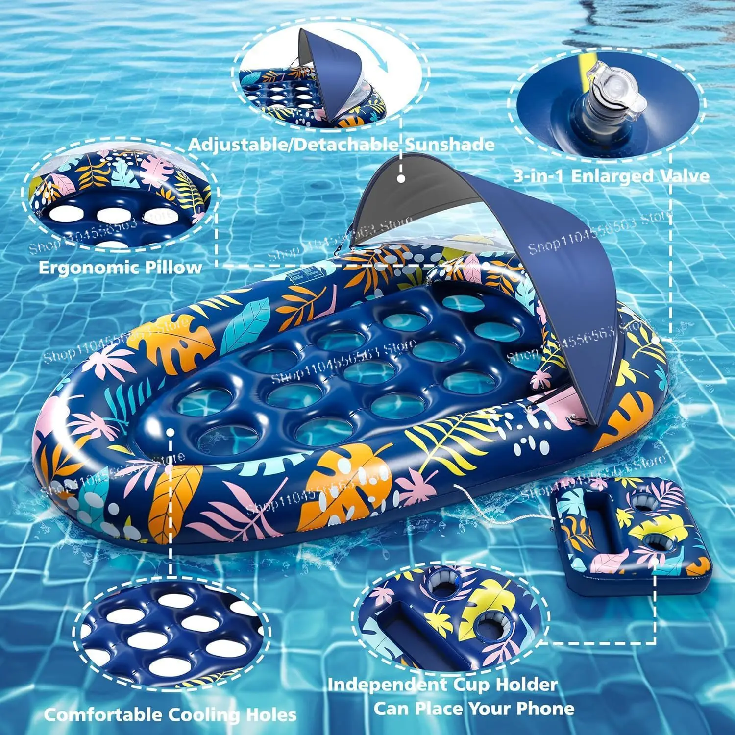 Pool floating lounge chair with top, canopy cup hole, pillow, adjustable, detachable sunshade, PVC inflatable floating drain
Pool floating lounge chair with top, canopy cup hole, pillow, adjustable, detachable sunshade, PVC inflatable floating drain