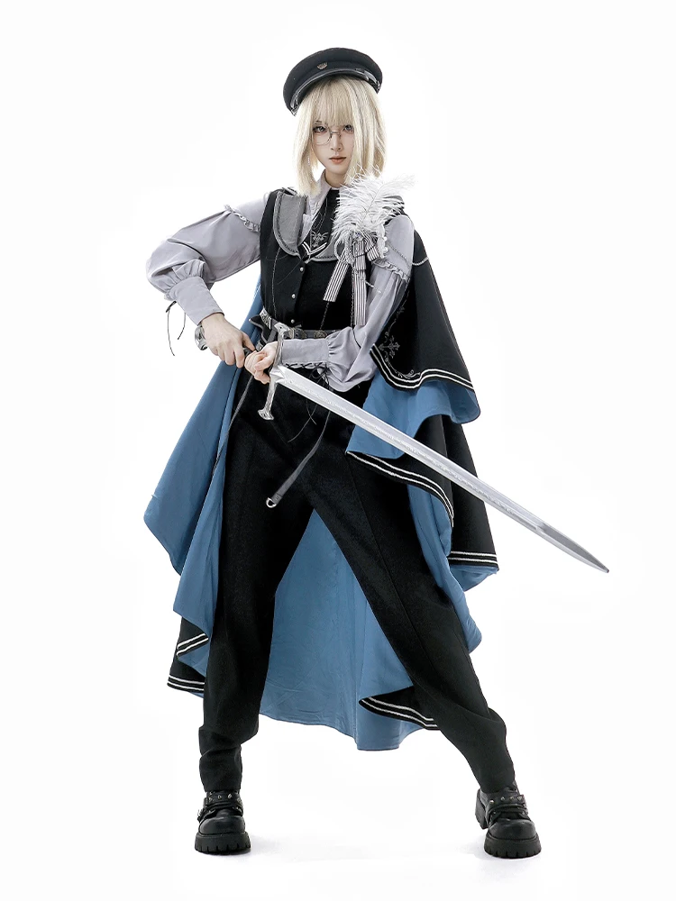 New military style Gothic blue cape coat uniform elegant temperament Lolita trousers cosplay couple suit
New military style Gothic blue cape coat uniform elegant temperament Lolita trousers cosplay couple suit