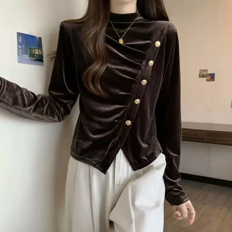 Irregular Velvet Top Women's Elegant Warm Half-High Collar Base Shirt
Irregular Velvet Top Women's Elegant Warm Half-High Collar Base Shirt