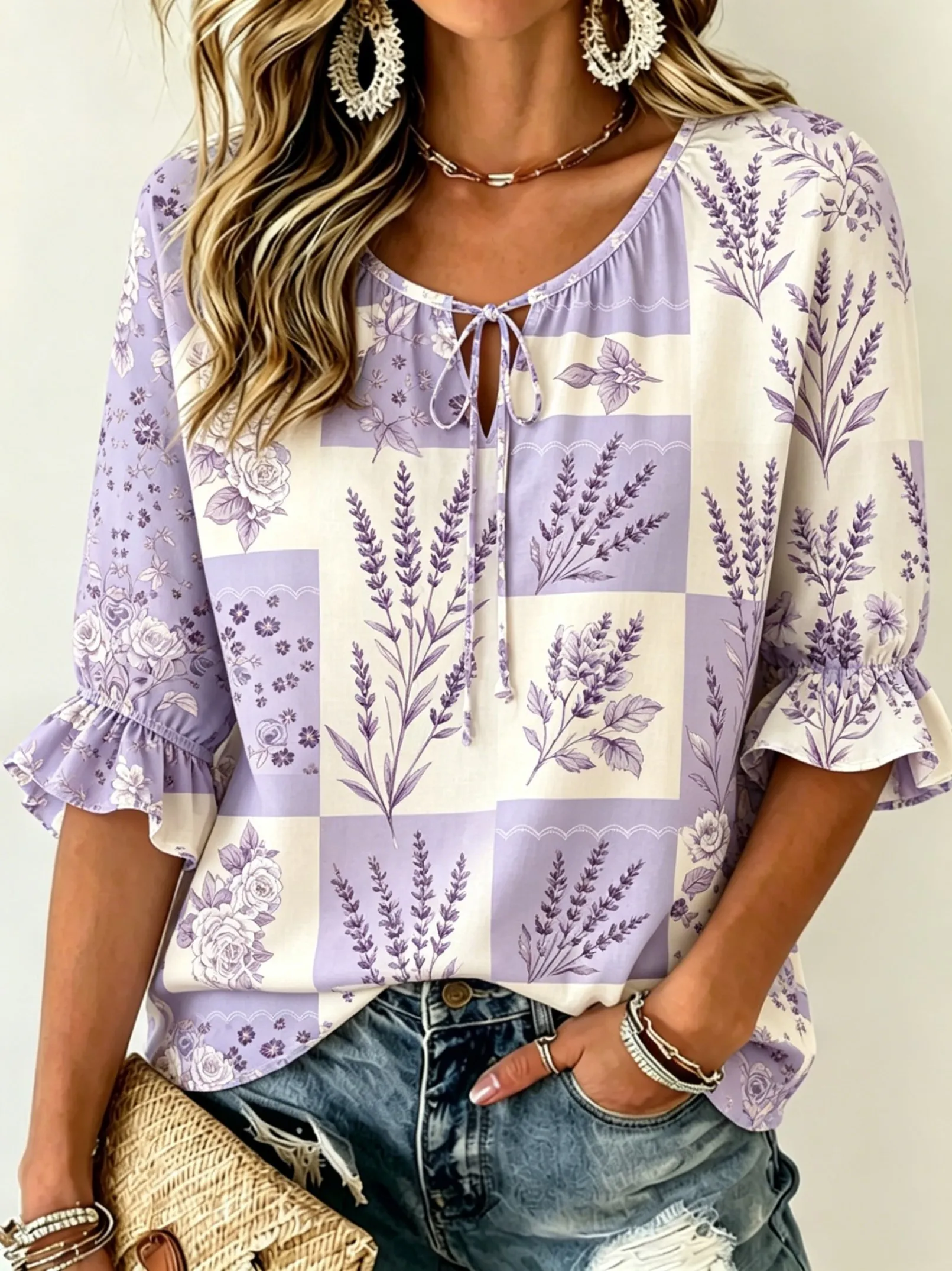 Women's Lavender Floral & Check Print Tie Front Blouse, Casual Loose Top for Spring Summer Daily Wear
Women's Lavender Floral & Check Print Tie Front Blouse, Casual Loose Top for Spring Summer Daily Wear