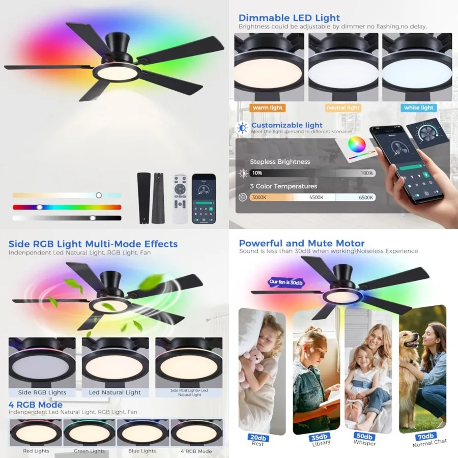 Ceiling Fans with Lights - 52in Flush Mount Ceiling Fan with RGB Dimmable, 3CCT 6 Wind Speeds and Reversible Quiet Motor, Low P
Ceiling Fans with Lights - 52in Flush Mount Ceiling Fan with RGB Dimmable, 3CCT 6 Wind Speeds and Reversible Quiet Motor, Low P