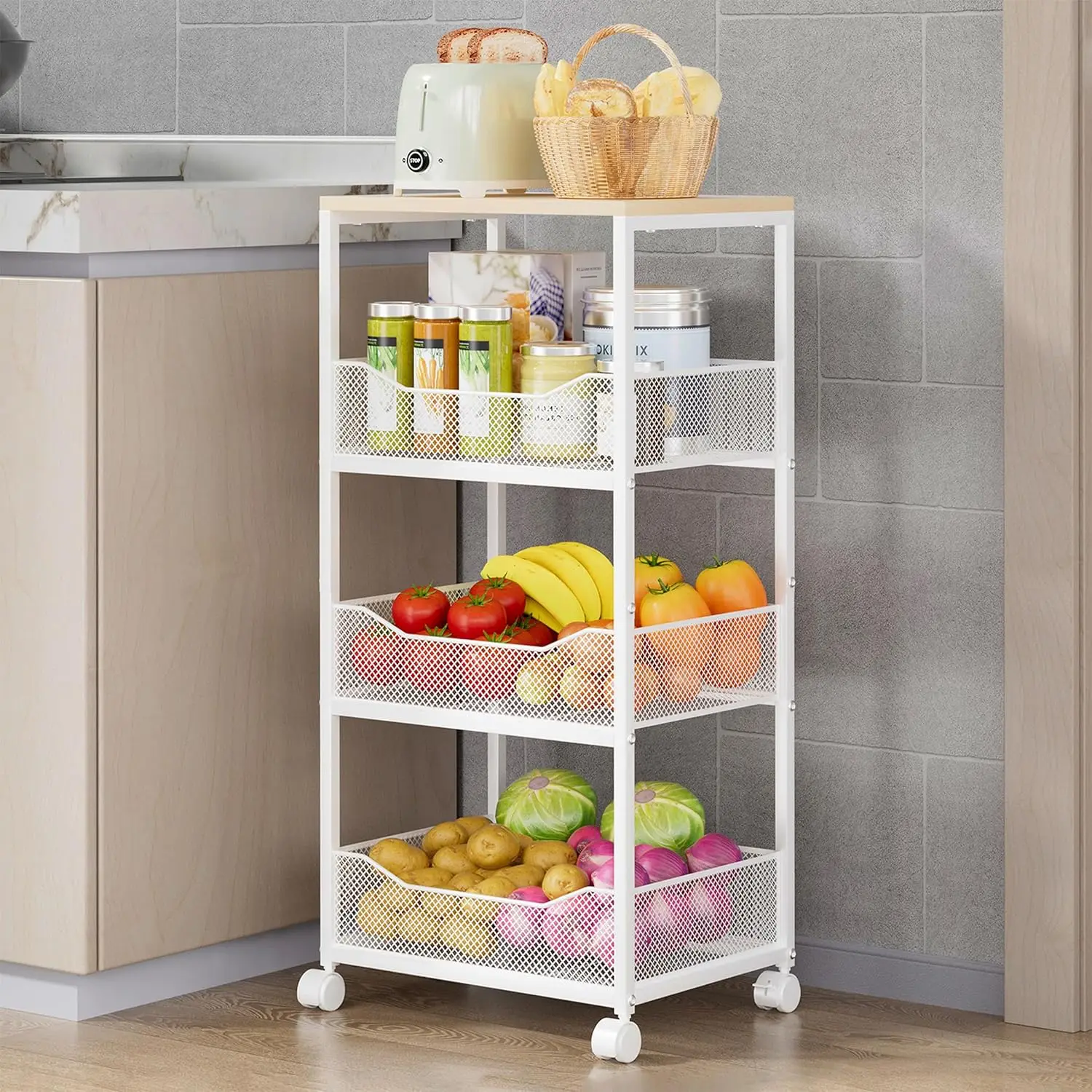 4-Tier Rolling Storage Cart with Wood Top, Mesh Baskets for Kitchen Organization
4-Tier Rolling Storage Cart with Wood Top, Mesh Baskets for Kitchen Organization