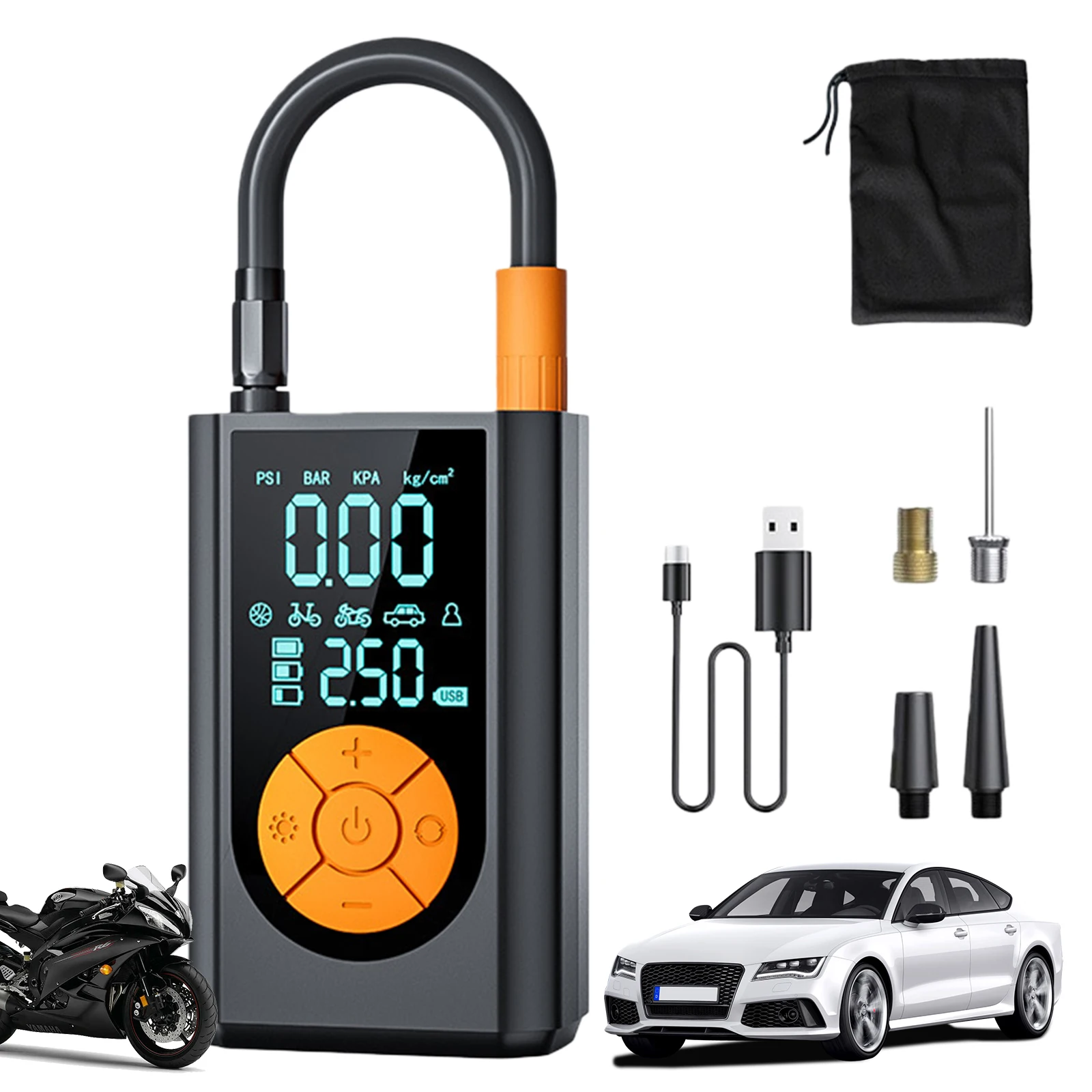 Portable Air Compressor with Digital Gauge Electric Bike Tire Pump with Rechargeable Battery for Motorcycle Bicycle Car Ball
Portable Air Compressor with Digital Gauge Electric Bike Tire Pump with Rechargeable Battery for Motorcycle Bicycle Car Ball