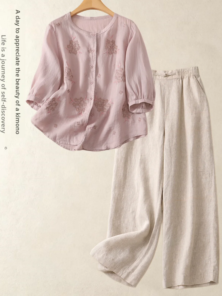 Casual Cotton Linen Embroidered Shirt Top Wide Leg Pants Two Piece Set Women Summer Fashion Ageless Style Breathable Lightweight
Casual Cotton Linen Embroidered Shirt Top Wide Leg Pants Two Piece Set Women Summer Fashion Ageless Style Breathable Lightweight