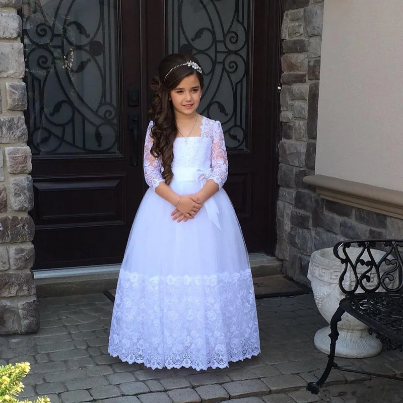 Formal Kids Flower Girls Dresses for Weddings 3/4 Sleeves Appliques Junior Floor Length First Communion Gown Vestidos Para Ninas
Formal Kids Flower Girls Dresses for Weddings 3/4 Sleeves Appliques Junior Floor Length First Communion Gown Vestidos Para Ninas