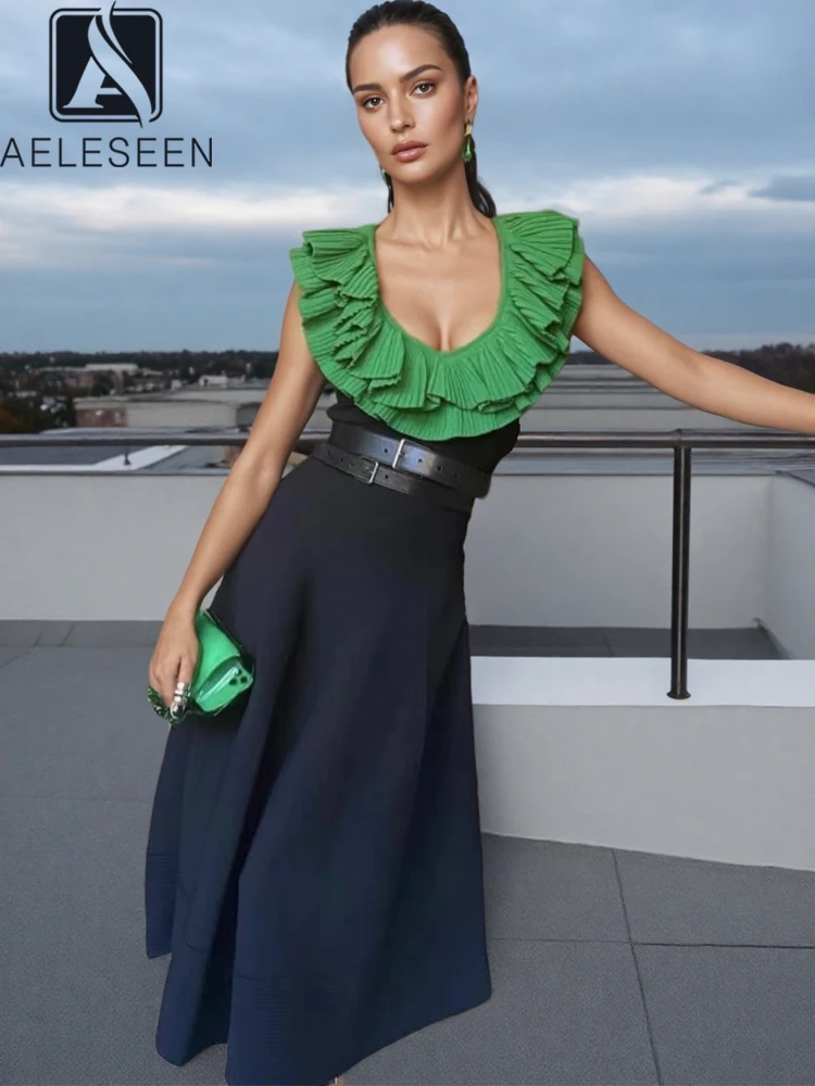 AELESEEN Runway Fashion Summer Dress Women Sleeveless U-Neck Green Pleated Ruffles Black Contrast Color Belt Elegant Midi Party
AELESEEN Runway Fashion Summer Dress Women Sleeveless U-Neck Green Pleated Ruffles Black Contrast Color Belt Elegant Midi Party