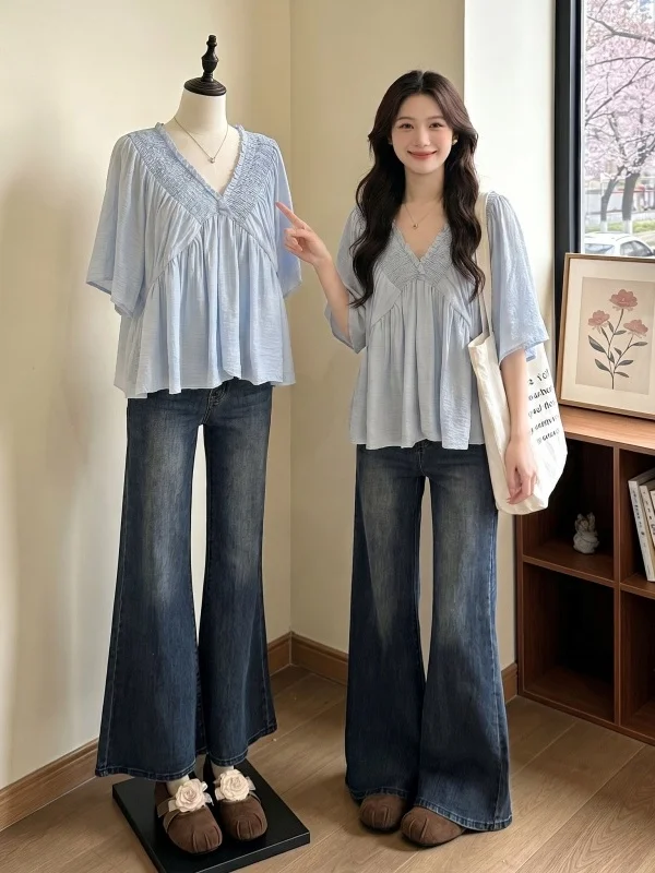 Light Blue V-Neck Short Sleeve Shirt Women's plus Size Summer New Style Shoulder-Length Cover Belly Cute Top Korean Style Com...
Light Blue V-Neck Short Sleeve Shirt Women's plus Size Summer New Style Shoulder-Length Cover Belly Cute Top Korean Style Com...