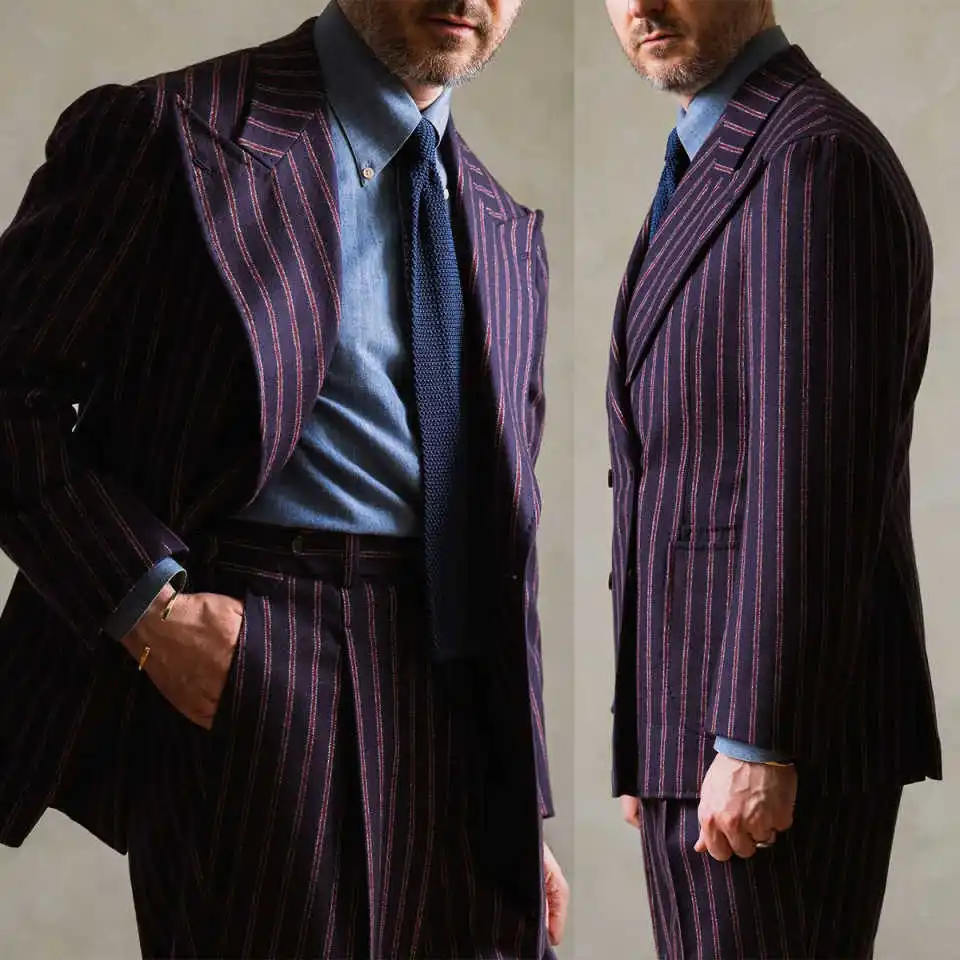 Simple Stripe Men Suits Set Vintage Double Breasted Tuxedos Slim Fit Smart Casual Jacket 2 Piece Formal Dress
Simple Stripe Men Suits Set Vintage Double Breasted Tuxedos Slim Fit Smart Casual Jacket 2 Piece Formal Dress