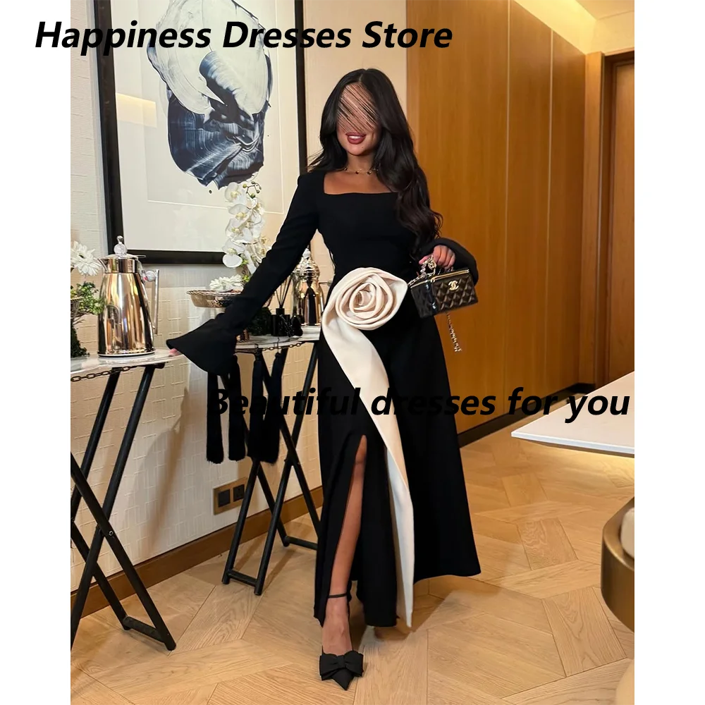 Black Evening Dress Customized Long Sleeves Square Neck A Line Jersey Saudi Arab Prom Gown Flower Pleat Party Dress
Black Evening Dress Customized Long Sleeves Square Neck A Line Jersey Saudi Arab Prom Gown Flower Pleat Party Dress
