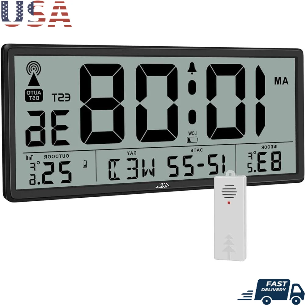 Atomic Wall Clock Indoor Outdoor Temperature Self Setting Digital Clock Large Display Battery Powered Easy to Read Home Office
Atomic Wall Clock Indoor Outdoor Temperature Self Setting Digital Clock Large Display Battery Powered Easy to Read Home Office