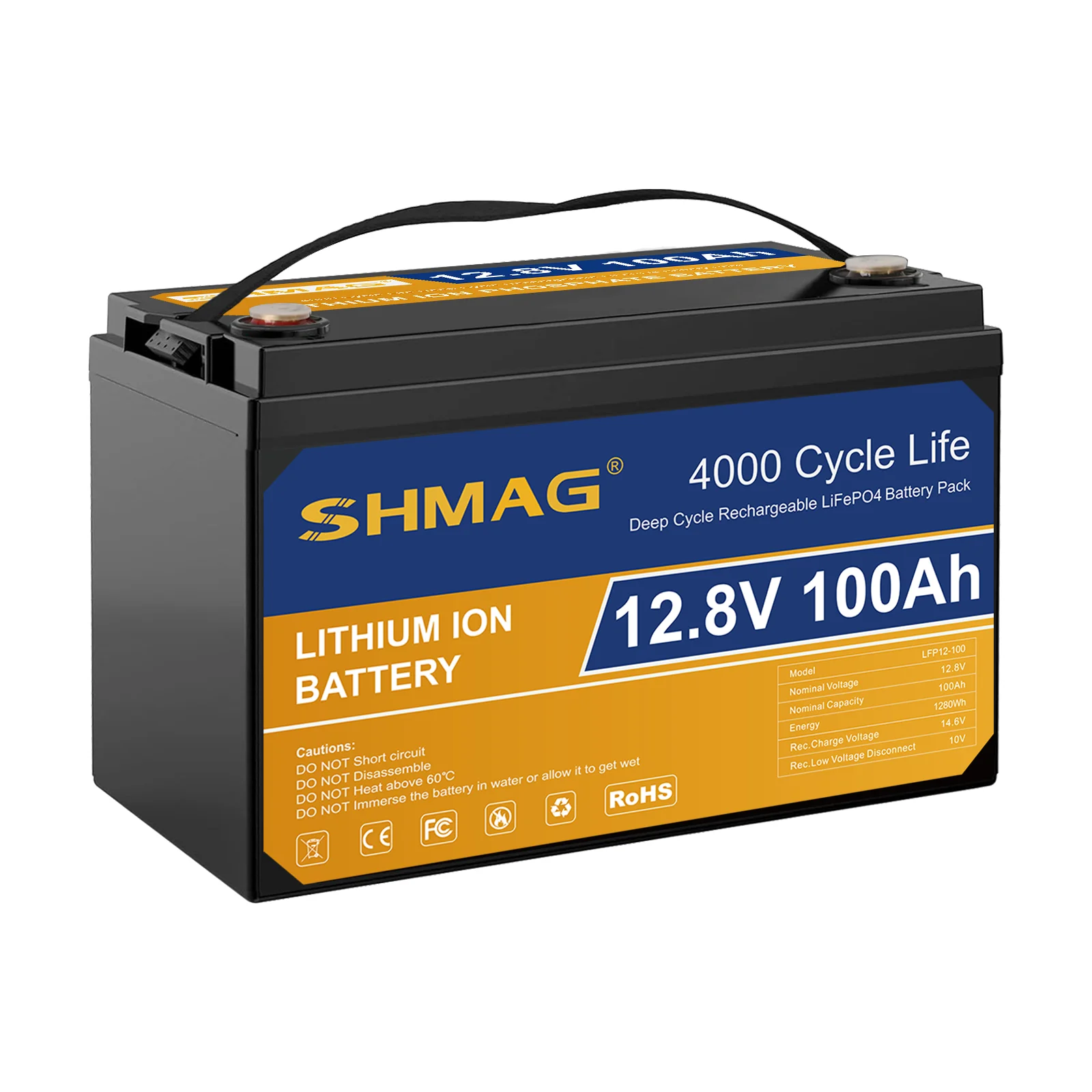 SHMAG LiFeP04 12.8V100Ah 1280Wh Deep Cycle Battery for Caravan,RV,camping,Marine
SHMAG LiFeP04 12.8V100Ah 1280Wh Deep Cycle Battery for Caravan,RV,camping,Marine