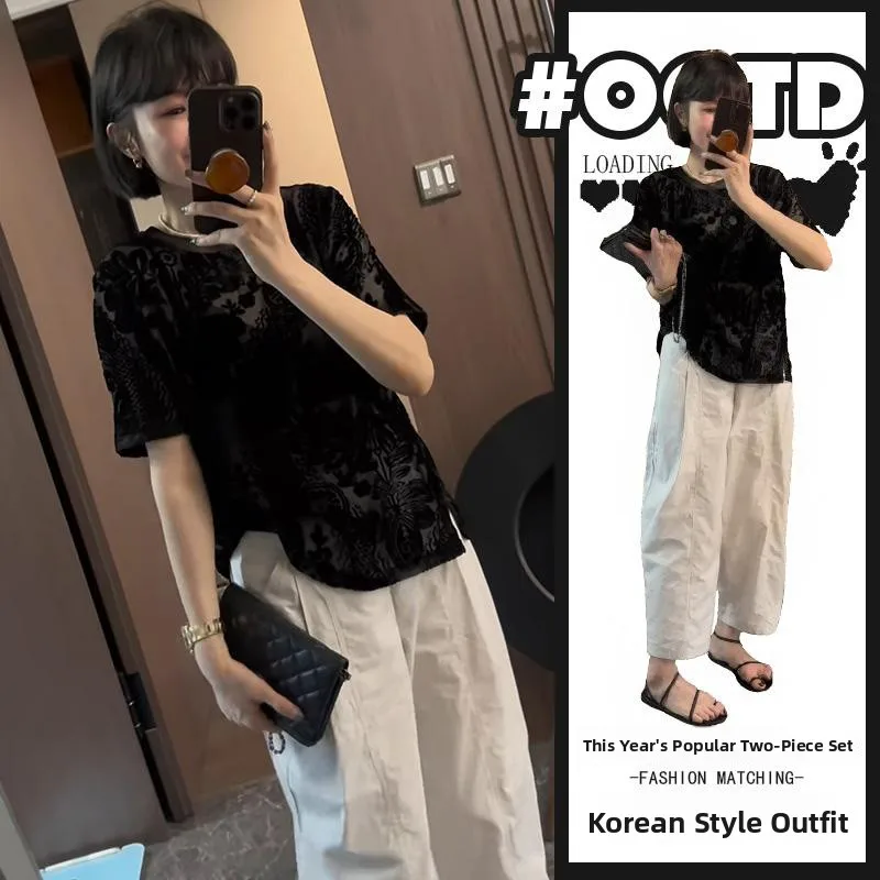 Korean Style round Neck Lace Short Sleeve T-Shirt Women's Wide Leg Pants Summer New Design High Quality Fashion Set White
Korean Style round Neck Lace Short Sleeve T-Shirt Women's Wide Leg Pants Summer New Design High Quality Fashion Set White