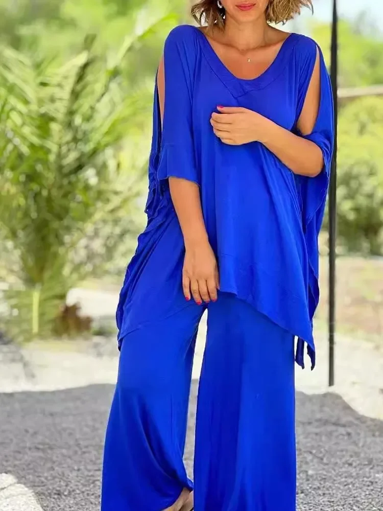 Fashion Summer Solid Color Pants Sets Women Half Sleeves V-neck Loose Long T Shirt Loose Wide Legs Trousers Two Piece Set Female
Fashion Summer Solid Color Pants Sets Women Half Sleeves V-neck Loose Long T Shirt Loose Wide Legs Trousers Two Piece Set Female