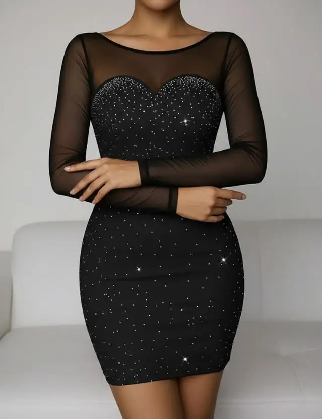 2026Sexy Rhinestone Decor Sweetheart Neck Sheer Mesh Spliced Mini Party Evening Dress Mesh Long Sleeve Zipper Back Bodycon Dress
2026Sexy Rhinestone Decor Sweetheart Neck Sheer Mesh Spliced Mini Party Evening Dress Mesh Long Sleeve Zipper Back Bodycon Dress