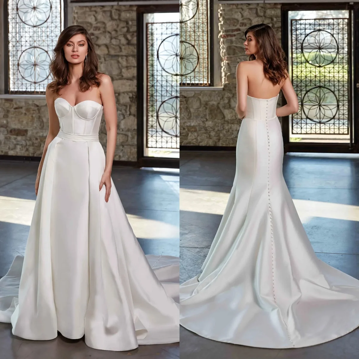 Simple White Satin Wedding Dresses Sweetheart Sleeveless Bridal Gowns Charming Button Floor Length Customized Vestidos De Mariee
Simple White Satin Wedding Dresses Sweetheart Sleeveless Bridal Gowns Charming Button Floor Length Customized Vestidos De Mariee