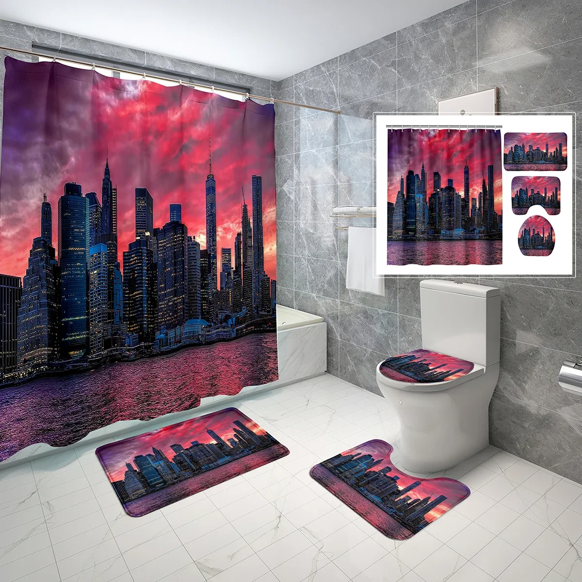 New York Shower Curtain Set 4 Pcs Sunset City Empire State Building Non-slip Bath Mat Toilet Lid Waterproof Shower Curtain Sets
New York Shower Curtain Set 4 Pcs Sunset City Empire State Building Non-slip Bath Mat Toilet Lid Waterproof Shower Curtain Sets