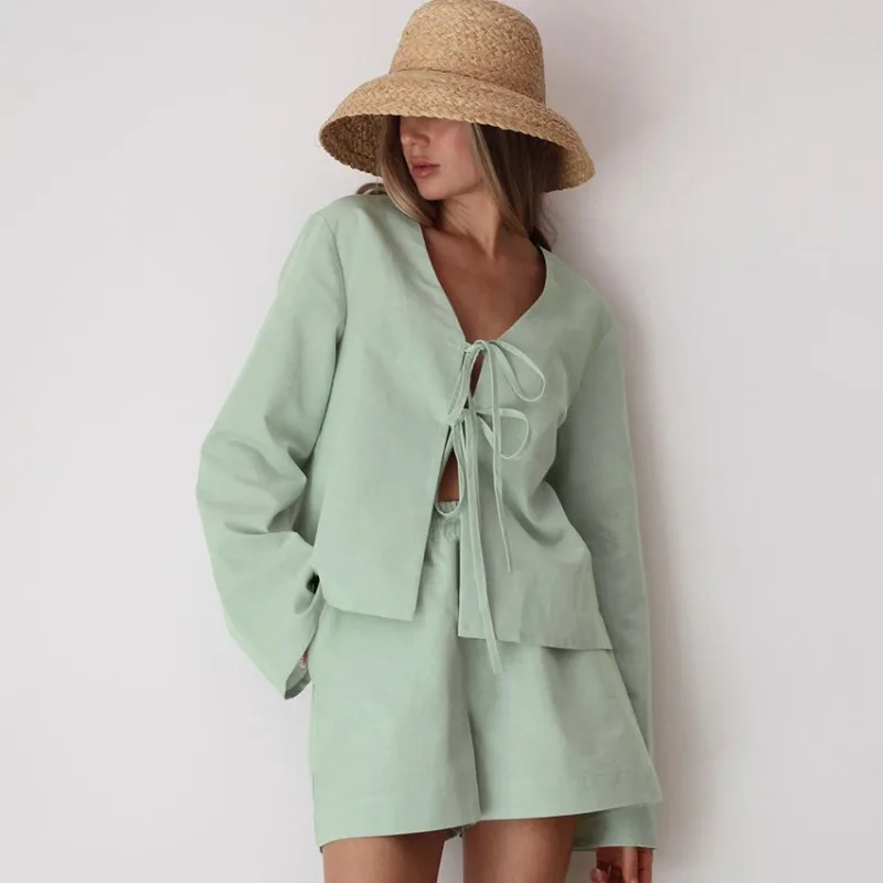 Autumn Spring New Trendy Loose Fit Lace Up Pure Cotton Long Sleeve Shorts Pajamas Women Casual Breathable Loungewear Outerwear L
Autumn Spring New Trendy Loose Fit Lace Up Pure Cotton Long Sleeve Shorts Pajamas Women Casual Breathable Loungewear Outerwear L