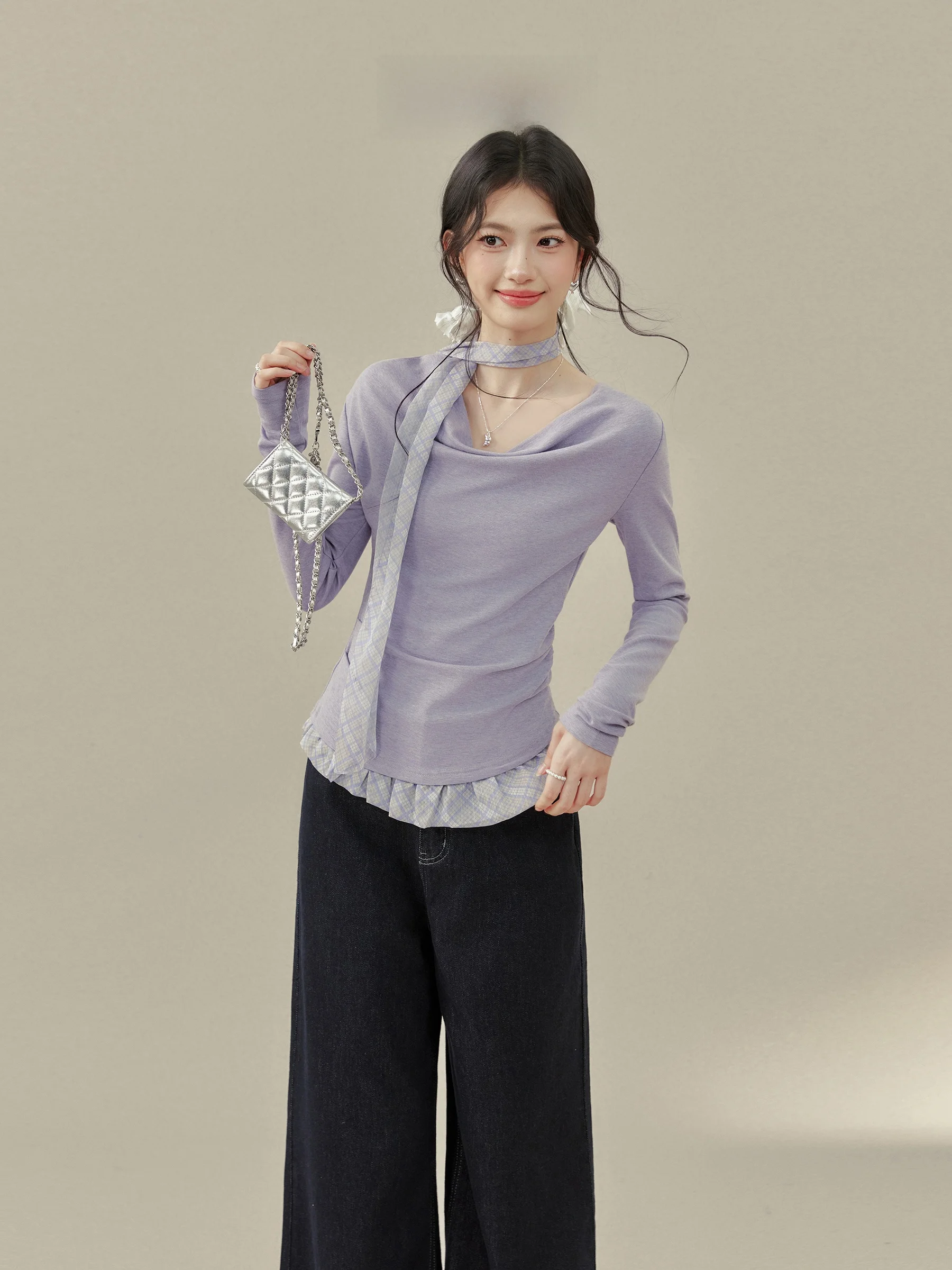 Elegant Purple Sash T-Shirt Women's Unique Beautiful Spring Summer Casual Style Slim Fit Long Sleeve Fake Two-Piece Top
Elegant Purple Sash T-Shirt Women's Unique Beautiful Spring Summer Casual Style Slim Fit Long Sleeve Fake Two-Piece Top