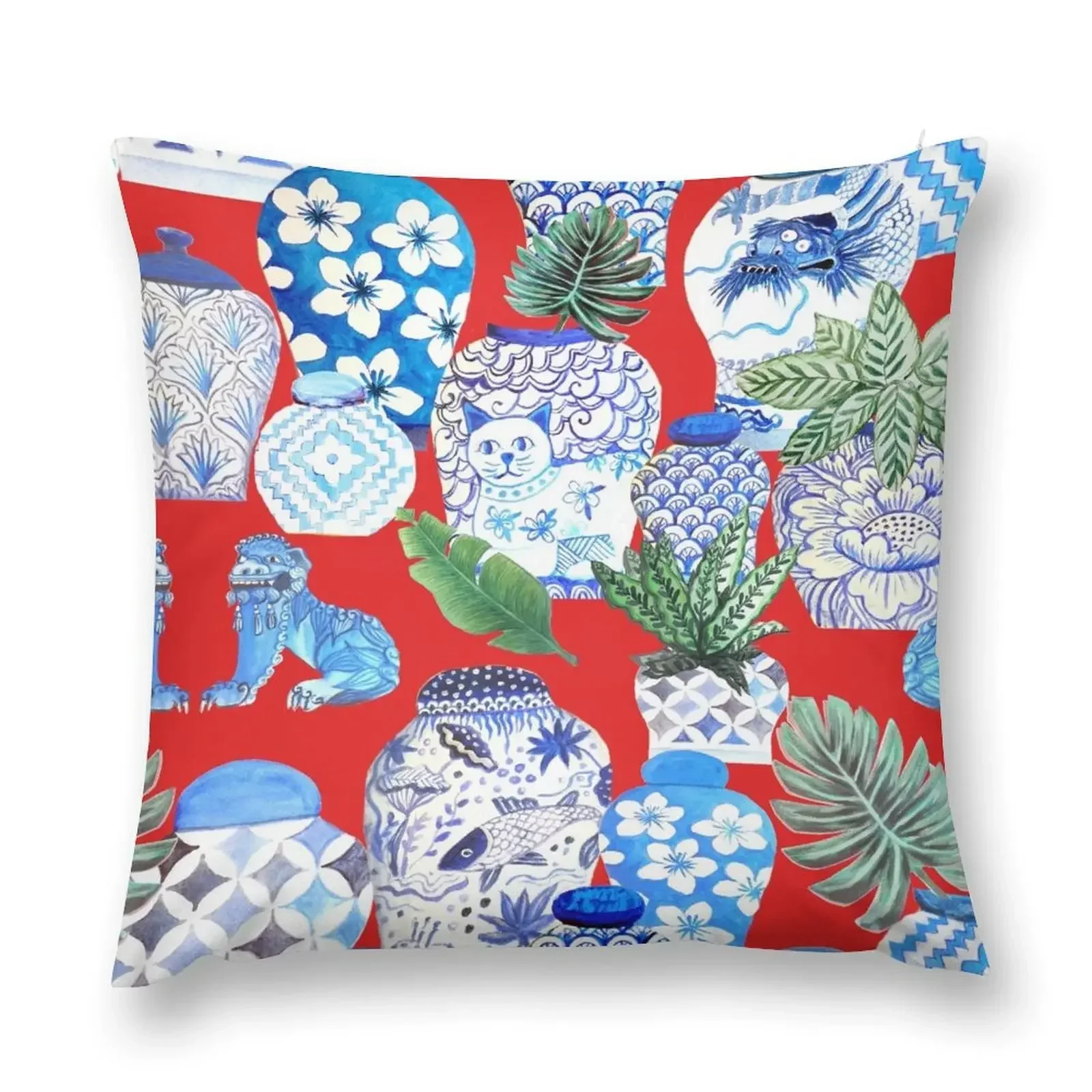 ginger jars in blue and white porcelain and foo dogs on red with palms Throw Pillow Room decorating items Throw Pillow pillow
ginger jars in blue and white porcelain and foo dogs on red with palms Throw Pillow Room decorating items Throw Pillow pillow
