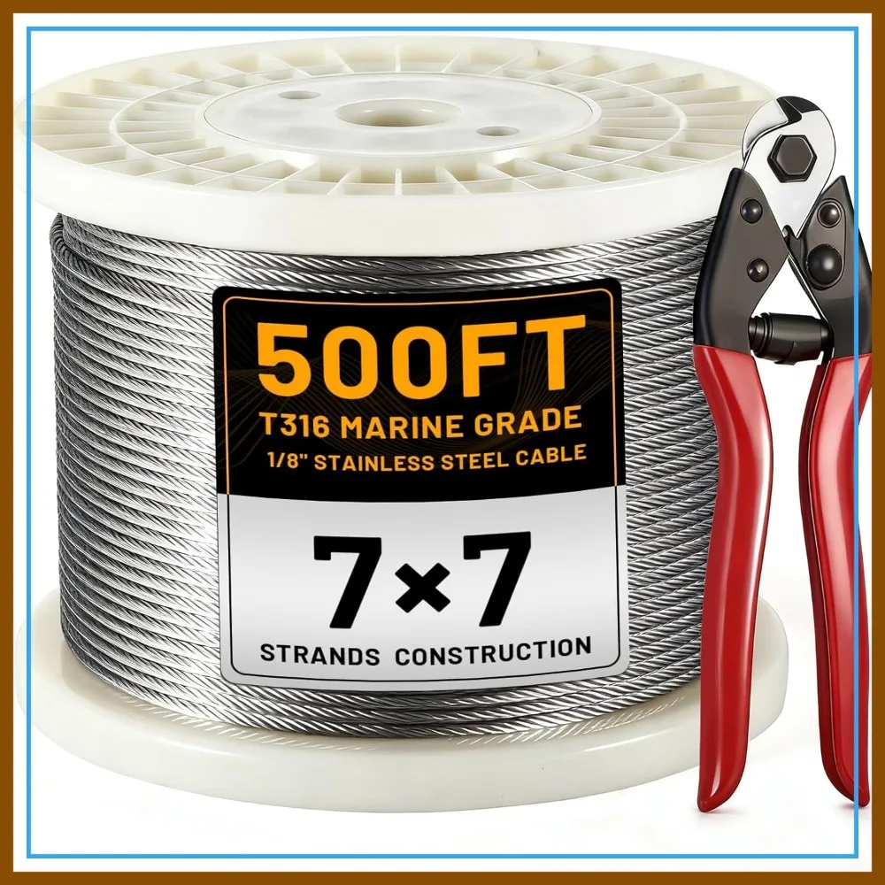 500FT 1/8" 316 Stainless Steel Cable for Railing, 7x7 Wire Rope with Cutter, 1850 lb Breaking Strength, Deck Stair Fence Hardware Kit
500FT 1/8" 316 Stainless Steel Cable for Railing, 7x7 Wire Rope with Cutter, 1850 lb Breaking Strength, Deck Stair Fence Hardware Kit