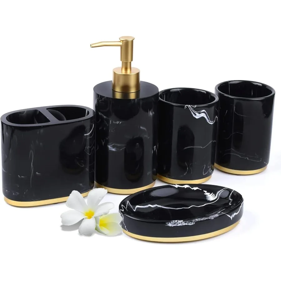 5-Piece Bathroom Counter Top Accessory Set - Dispenser for Liquid Soap or Lotion Soap Dish Toothbrush Holder and 2 Tumblers Gol
5-Piece Bathroom Counter Top Accessory Set - Dispenser for Liquid Soap or Lotion Soap Dish Toothbrush Holder and 2 Tumblers Gol